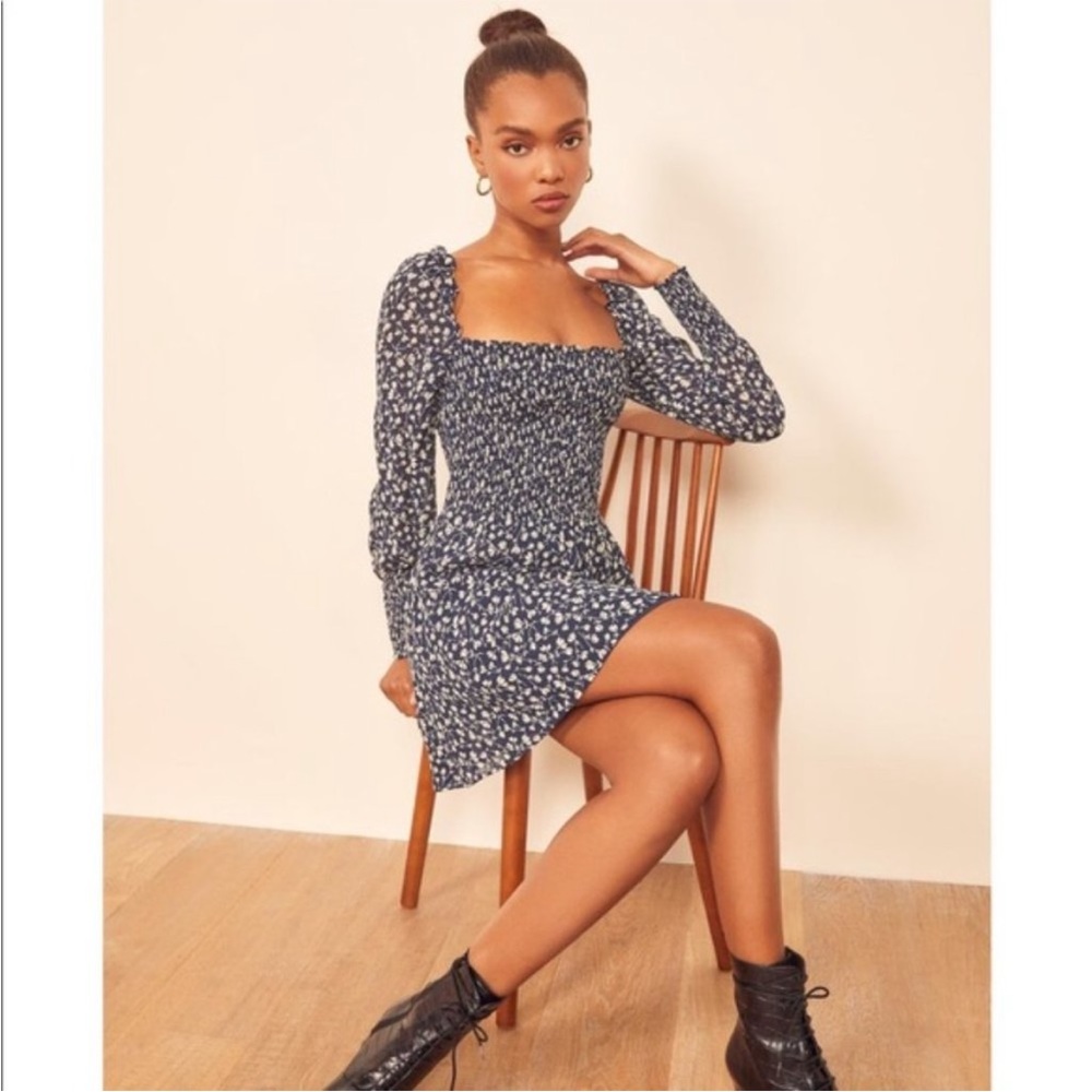 Reformation Navy Blue Floral Long Sleeve Mini Dress
